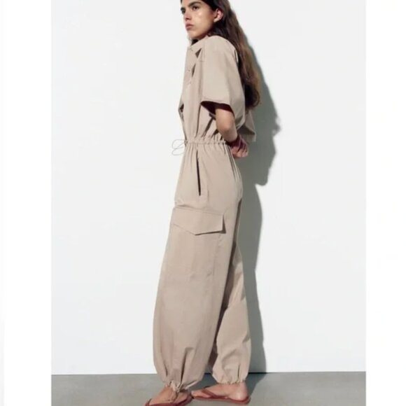 NWT ZARA FULL LENGTH Poplin GABARDINE JUMPSUIT Beige  Cargo Pocket Blogger Fave - Picture 5 of 14